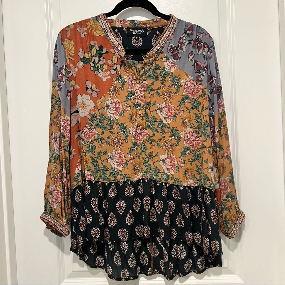 Feathers by Tolani Woman's Mixed Print Top 1/4 Button Pullover Embroidery Small